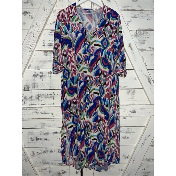 ZARA Printed Dress Summer Tribal Maxi Cover Up Kaftan colorful geo ikat M MEDIUM - Picture 2 of 14